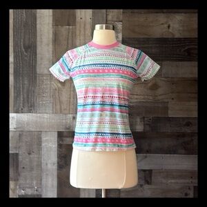 Eddie Bauer short sleeve rashguard girls large pastel stripes tropical beach